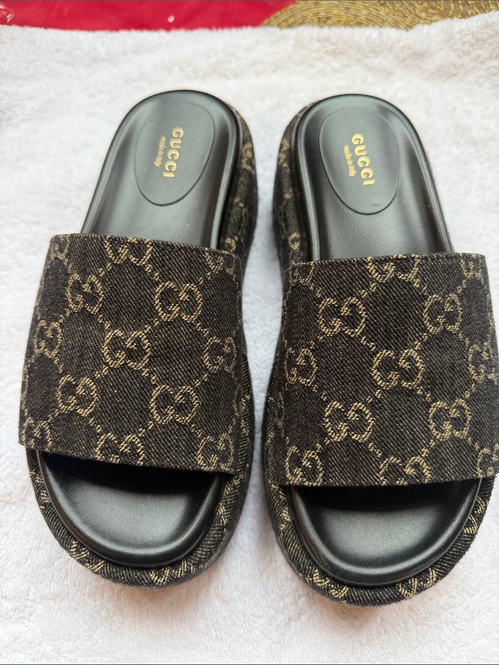 Gucci Brown Monogram Slide Sandals with Black Footbed